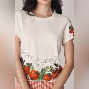 Maeve Boxy Tee Shirt Tomato Border Print Cream Short Sleeve Tee Sz Small FLAWED